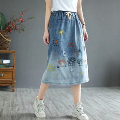 Retro Lace-up Garden Embroidered Denim Skirt