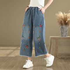 Women's Floral Embroidered Elastic Waist Jeans