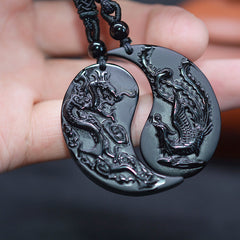 Obsidian Dragon and Phoenix Pendant Necklace
