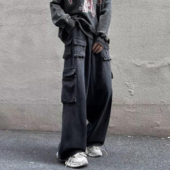 Trendy Washed Jeans Multi-pocket Straight Pants