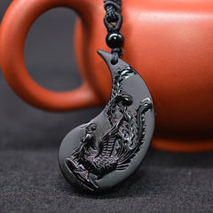 Obsidian Dragon and Phoenix Pendant Necklace