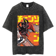 Men's Retro Washed Anime Cotton T-shirt