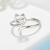Cute S925 Silver Hollow Cat Ring