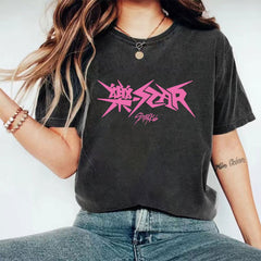 Casual Kpop Logo Print Washed T-shirt