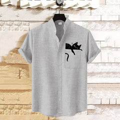Men's Cat Digital Print Stand-up Collar Shirt