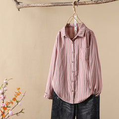 Women's Stripes Lapel Long-sleeved Shirt