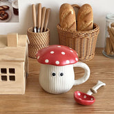 Cute Red Mushroom Ceramic Mug with Lid and Spoon