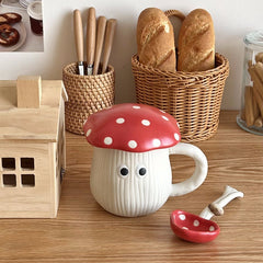 Cute Red Mushroom Ceramic Mug with Lid and Spoon
