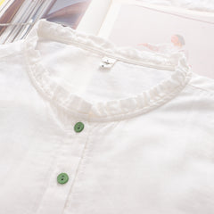 Women's Stand-up Collar Green Button Cotton Yarn Shirt