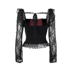 Retro Square Collar Sexy Slim Cross Lace Top