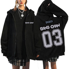 SKZ Number Printed Zip-up Black Hoodie