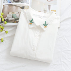 Women's Fresh Long Sleeve Embroidered Collar White Shirt