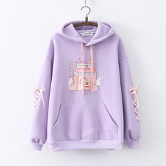 Rabbit Drink Print Thickened Pullover Hoodie