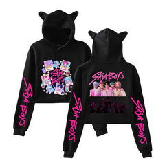 Trendy KPDH Print Cat Ears Crop Hoodie