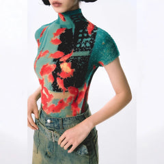Y2k Style Goldfish Print Semi-turtleneck Slim-fit Stretch T-shirt