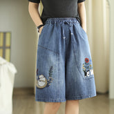 Elastic Waist Cat Embroidered Loose Shorts