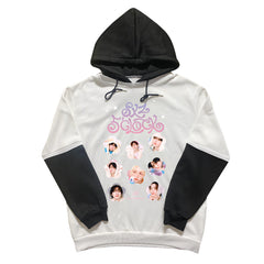 Skz Character Print Fleece Black and White Sleeves Hoodie