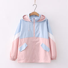 Lovely Color Block Hooded Long Sleeved Coat