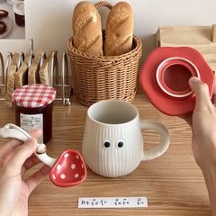 Cute Red Mushroom Ceramic Mug with Lid and Spoon