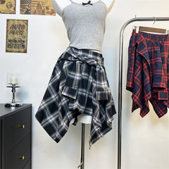 Leisure Plaid Fake Shirt Irregular Short Skirt