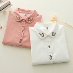 Women's Floral Embroidered Lapel Long Sleeved Shirt