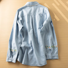 Women's Floral Embroidered Lapel Denim Shirt