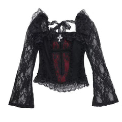 Retro Square Collar Sexy Slim Cross Lace Top