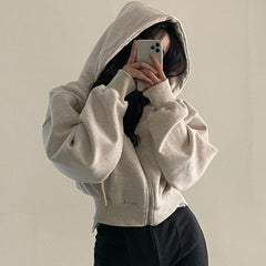 Versatile Slim Zipper Solid Color Crop Hoodie
