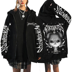 Evil SKZ Animal Characters Print Zip Up Black Hoodie