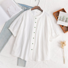 Women's Stand-up Collar Green Button Cotton Yarn Shirt