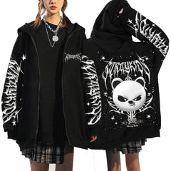 Evil SKZ Animal Characters Print Zip Up Black Hoodie