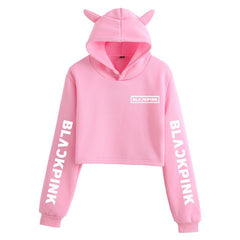 Kpop Letter Printed Cat Ears Crop Hoodie