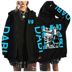 Unisex Anime Letter Printed Zipper Black Hoodie