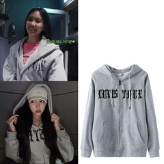 Hanni Letter Loose Cotton Zipper Hoodie