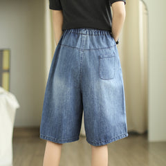 Elastic Waist Cat Embroidered Loose Shorts