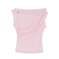 Korean Style Ella Pleated Diagonal Neck Slim-fit Top