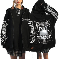 Evil SKZ Animal Characters Print Zip Up Black Hoodie