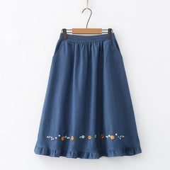 Floral Embroidered Elastic Waist Hem Loose Skirt
