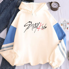 Stylish Kpop Letter Color Block Striped Hoodie