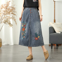 Floral Embroidered Elastic Waist Button Denim Skirt