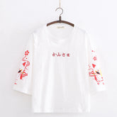 Japanese Letter Embroidery Cartoon Fox Three-quarter Sleeve T-shirt