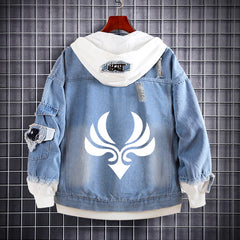 Unisex Game Logo Loose Hooded Denim Coat