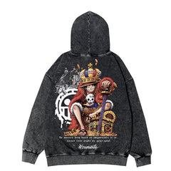 Retro Luffy Anime Zipper Washed Hooded Jacket