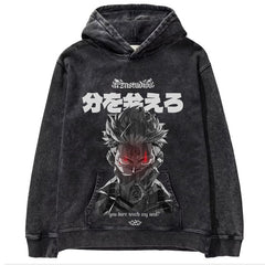 Unisex Anime Pattern Washed Black Hoodie