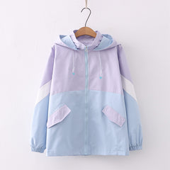 Lovely Color Block Hooded Long Sleeved Coat