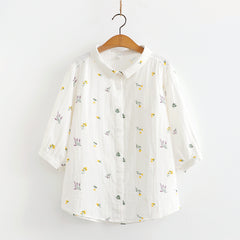 Japanese Mori Leaves Printed Women's Short-sleeved Shirt