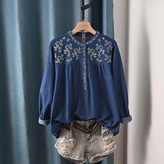Japanese Style Washed Denim Embroidery Shirt