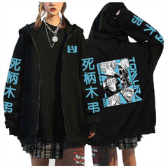Unisex Anime Letter Printed Zipper Black Hoodie