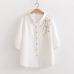 Casual Flower Embroidery Colorful Button Women's Shirt