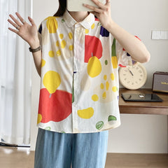 Japanese Mori Graffiti Color Print Loose Short Sleeve Shirt